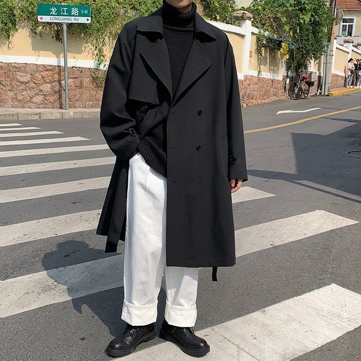暗黑系风衣男士中长款风衣外套韩版宽松休闲大衣