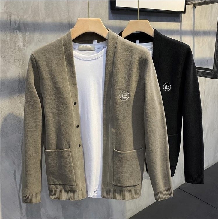 秋季针织开衫男士外套商务休闲刺绣短款风衣韩...