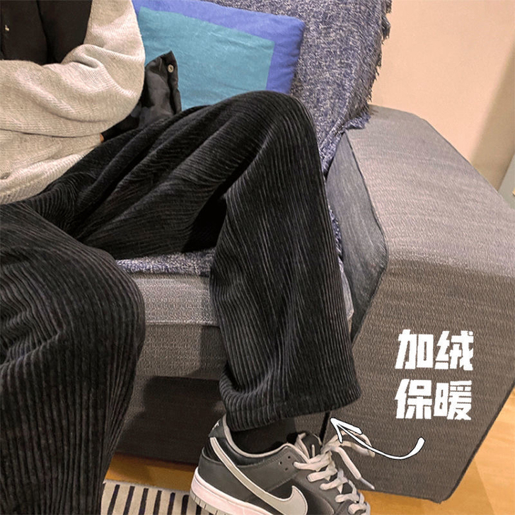 加绒加厚灯芯绒阔腿裤男情侣裤子秋冬宽松直筒...