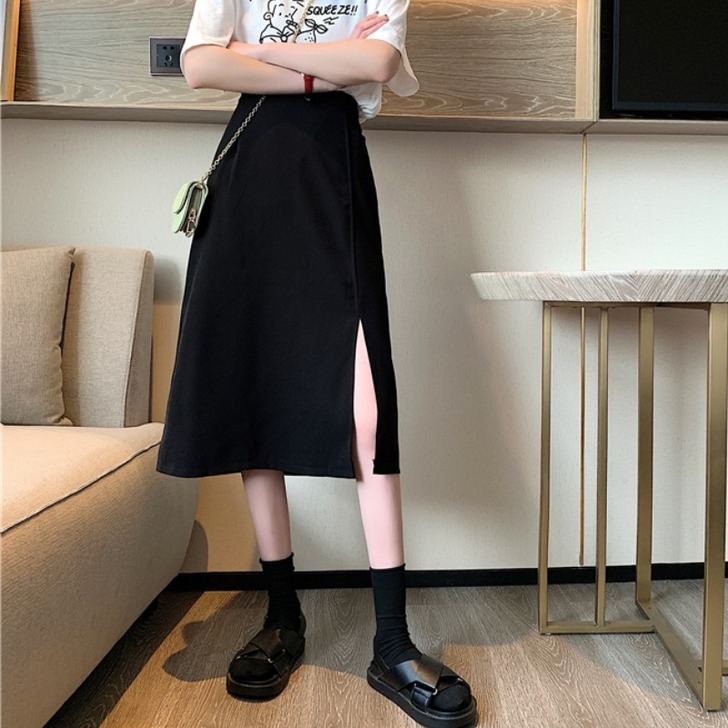 半身裙网红女装黑色开叉长裙2021新款春季...