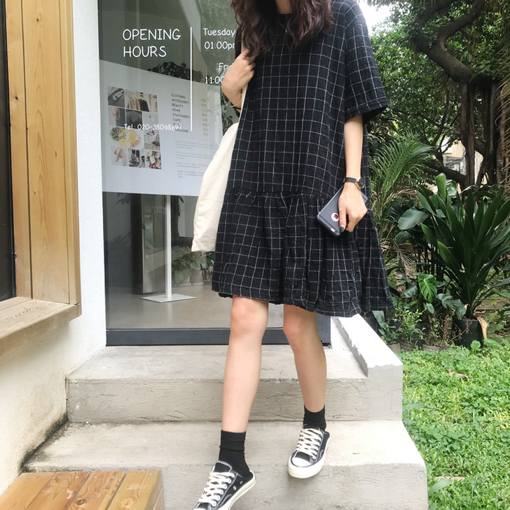 夏季韩版学院风心机后背系带宽松显瘦高腰格子...
