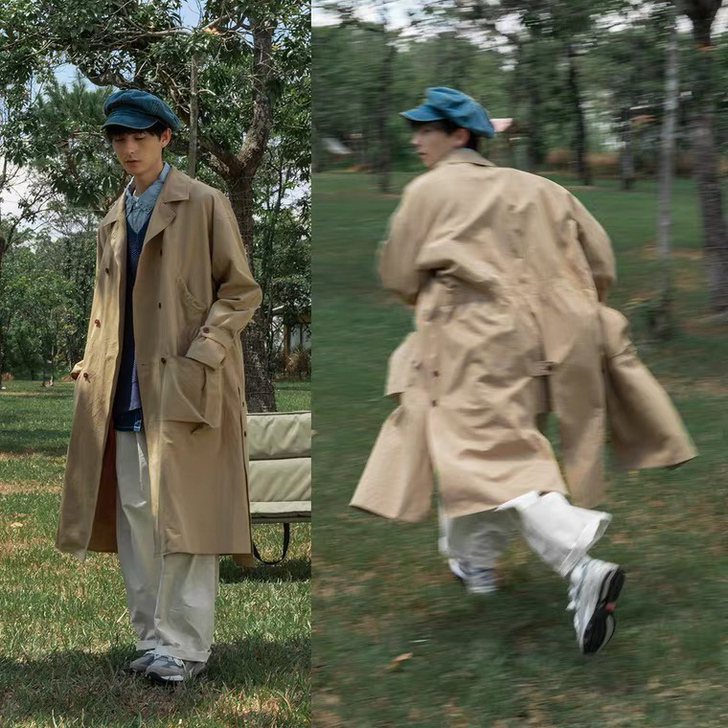 风衣男韩版潮流卡其色中长款帅气过膝外套英伦...