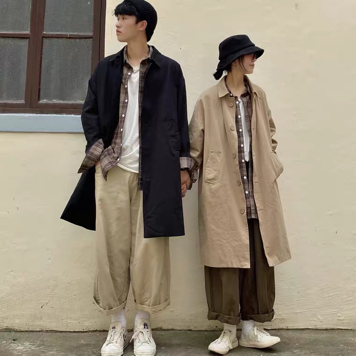 简约韩版休闲风衣男中长款外套宽松日系大衣复...