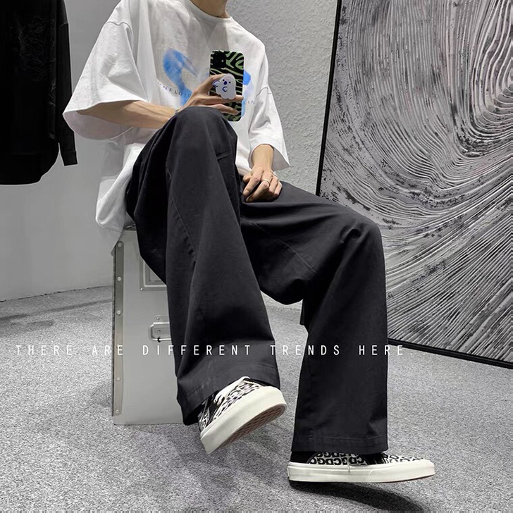高级感炸街裤子高街ins潮牌垂坠感阔腿裤男...
