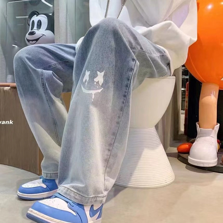 牛仔裤男秋冬宽松大码直筒阔腿裤子潮牌ins...