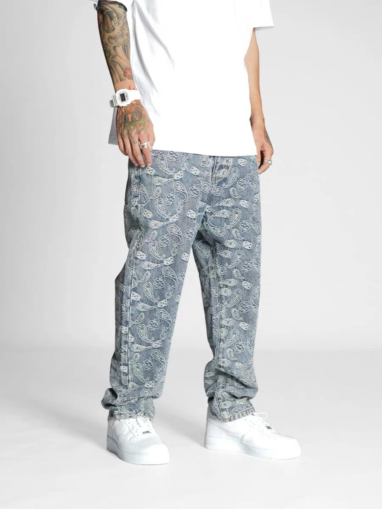 腰果花牛仔裤宽松