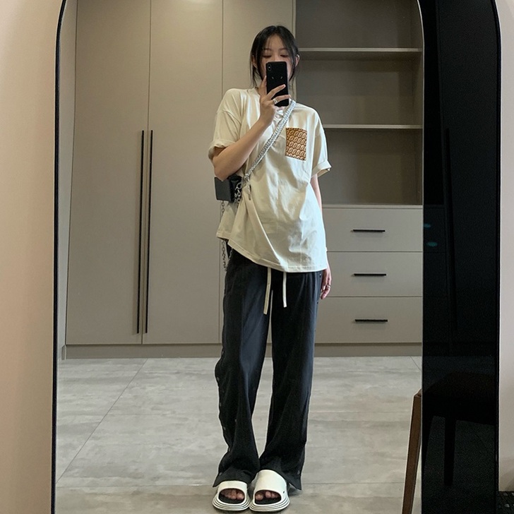 排扣裤  欧美辣妹侧排扣长裤宽松直筒纽扣休...