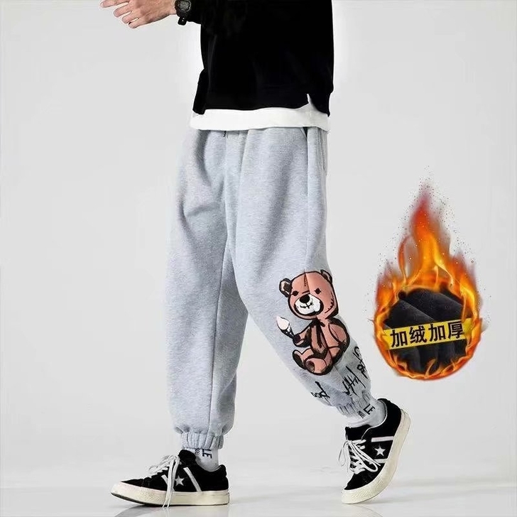 印花卫裤男生秋冬季加绒加厚痞帅高街潮牌运动...