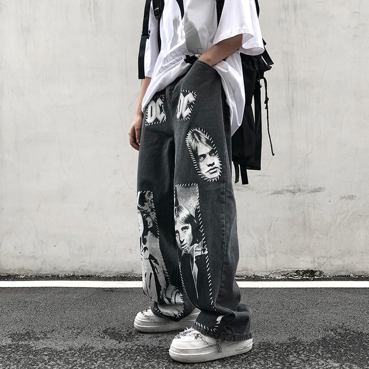 尾郎的店 摇滚乐队补丁贴布牛仔裤高街印花坠...