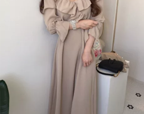 韩国chic法式温柔显瘦v领荷叶边系带收腰...