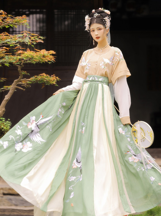 玉术汉服女幽风原创正品坦领齐腰儒裙秋冬仙鹤...