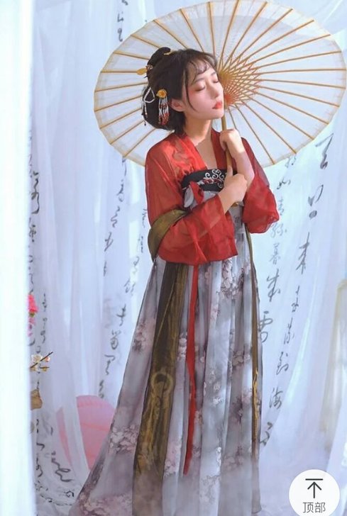 汉服朱砂印花襦裙古典舞古装上衣+襦裙+披帛...