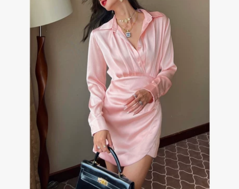 ?HBE水哥 桃花粉 光泽感粉色V领长袖包...