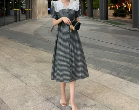 女装夏高腰中长款连衣裙女拼接荷叶边格子短袖...