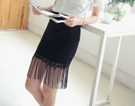 流苏蕾丝春夏包臀裙短裙女半身裙黑色弹力一步...