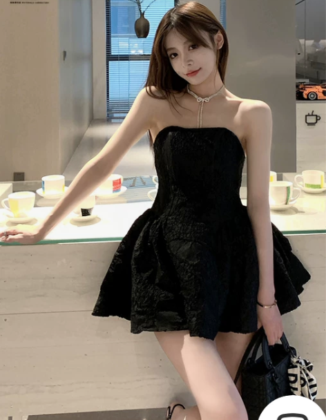 蓬蓬裙 短裙蓬蓬裙KATHI黑色赫本风抹胸...