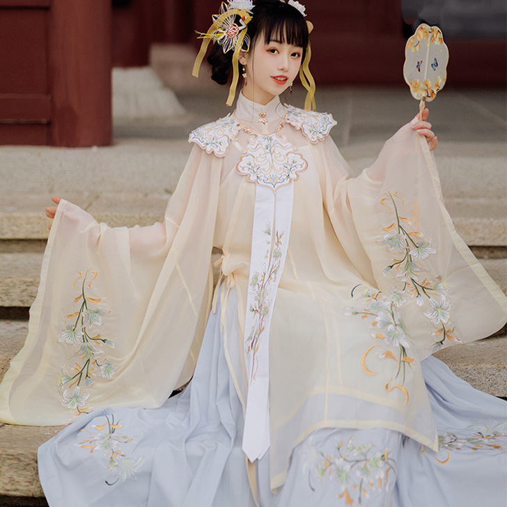 原创正品明制汉服女白菜超仙气飘逸云肩全套中...
