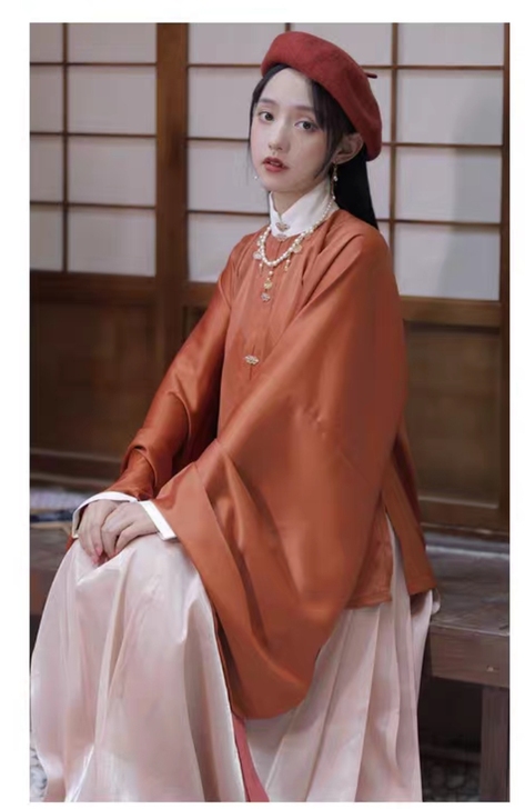 烟晚亭 焦糖色缎面立领琵琶袖明制汉服L