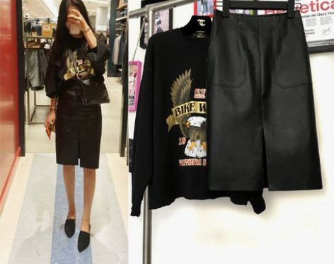 高腰皮裙 秋冬新款前开叉一步裙修身显瘦包臀...