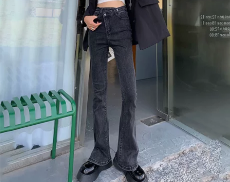 【礼遇价】黑灰色微喇牛仔裤女小众设计感20...
