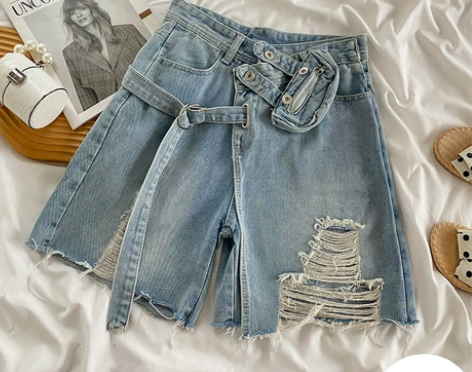 ?不规则破洞牛仔短裤女2022夏季薄款潮美...