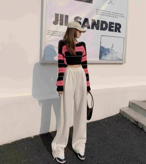 ZRZV秋冬美式新品针织裤百搭极简高腰阔腿...