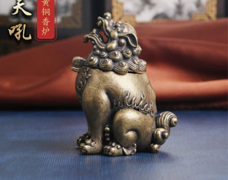 纯黄铜做旧朝天吼香炉桌面摆件瑞兽檀香熏香炉...
