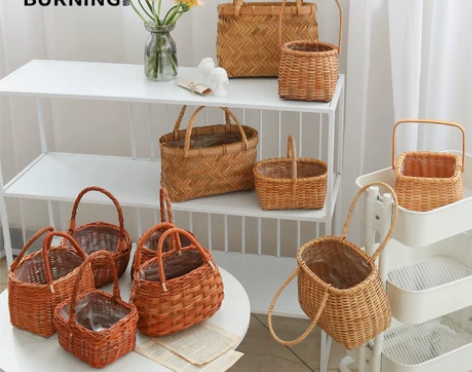 贝影 田园风手工编织木条藤艺手提花篮鲜花绿...