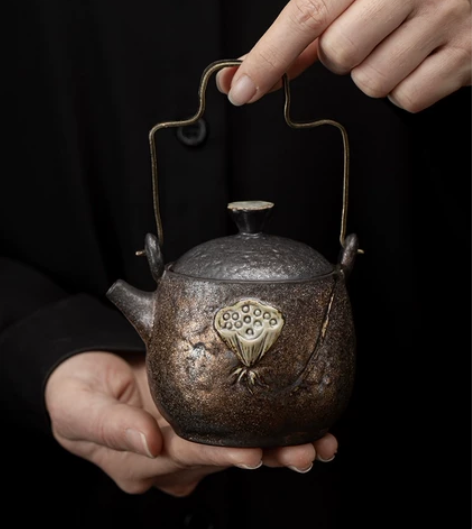 日式鎏金铁釉禅莲提梁壶 陶瓷功夫茶壶小号复...