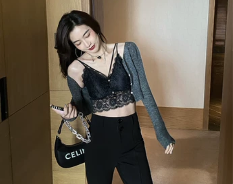 大于诗集 V领蕾丝性感小吊带背心女设计感小...