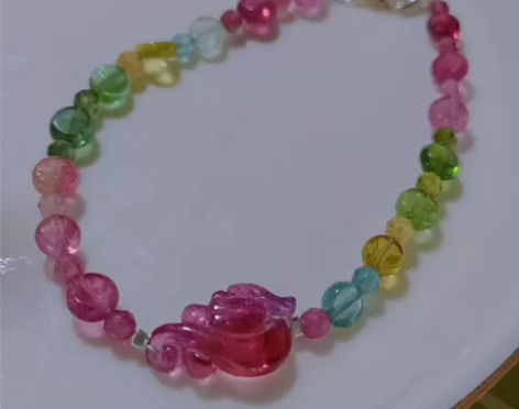 巴西料天然碧玺古龙手链，高品质几乎全净体，...