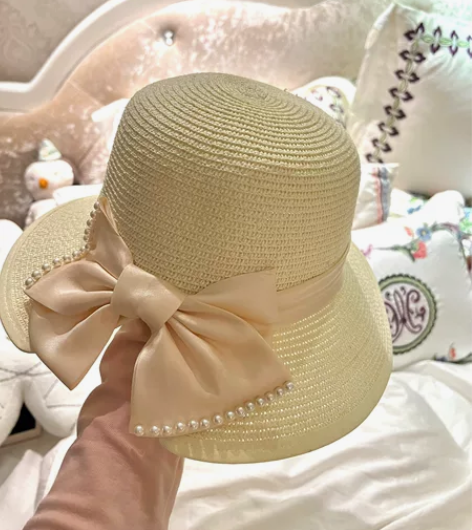 新款蝴蝶结遮阳帽女时尚草帽韩版珍珠遮脸防晒...