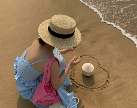 粥可可 平顶草帽女夏季防晒遮阳帽太阳帽海边...