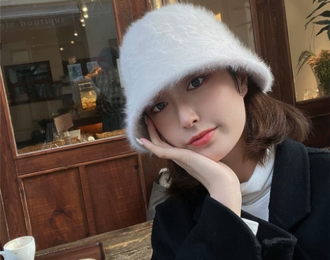 兔毛~白色毛绒渔夫帽女冬季韩版加绒保暖水桶...