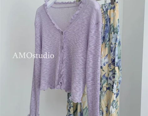 木耳边甜美紫色冰丝开衫针织外套女夏季薄款防...