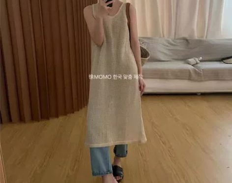 韩国东大门镂空棉麻无袖背心裙女，阴天拍照不...