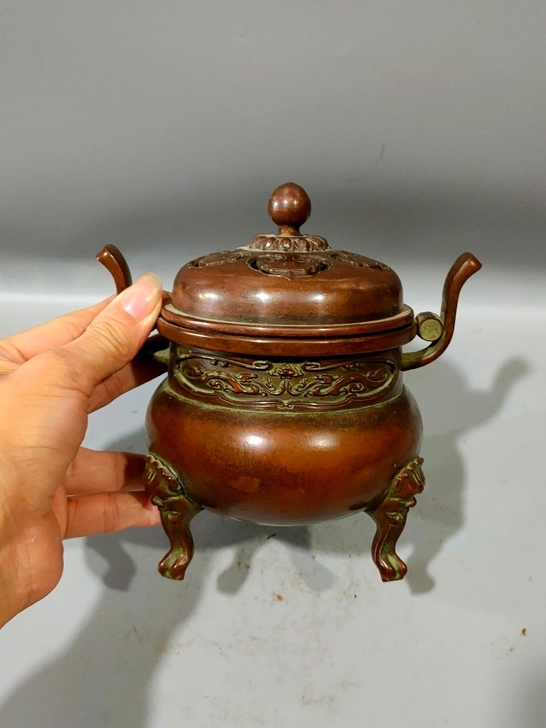铜器精品工艺制作三足朝冠耳炉 香薰炉摆件 ...