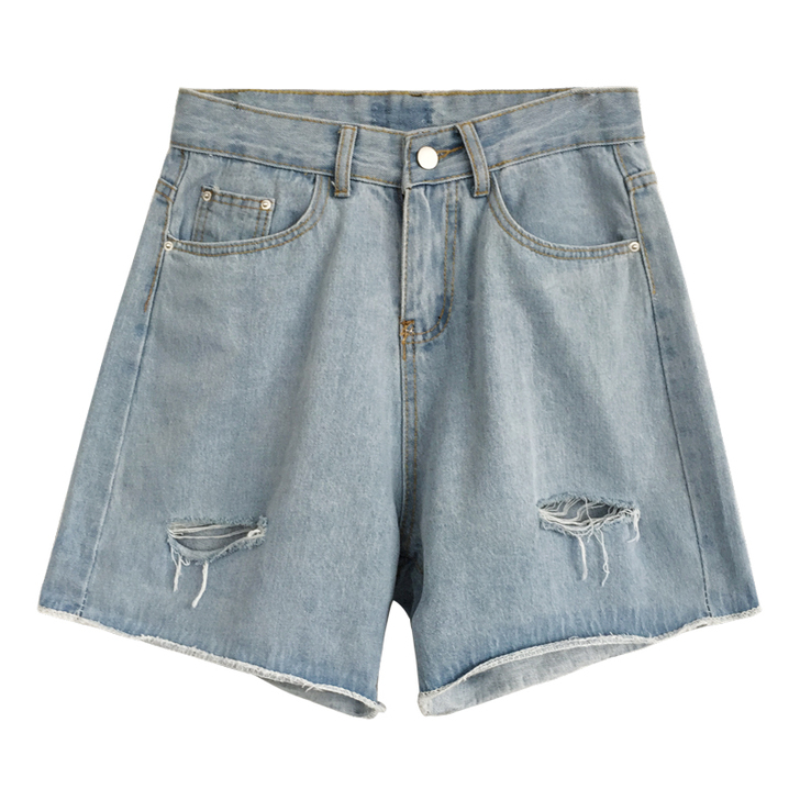 A7seven 卷边破洞浅色牛仔短裤女夏季...