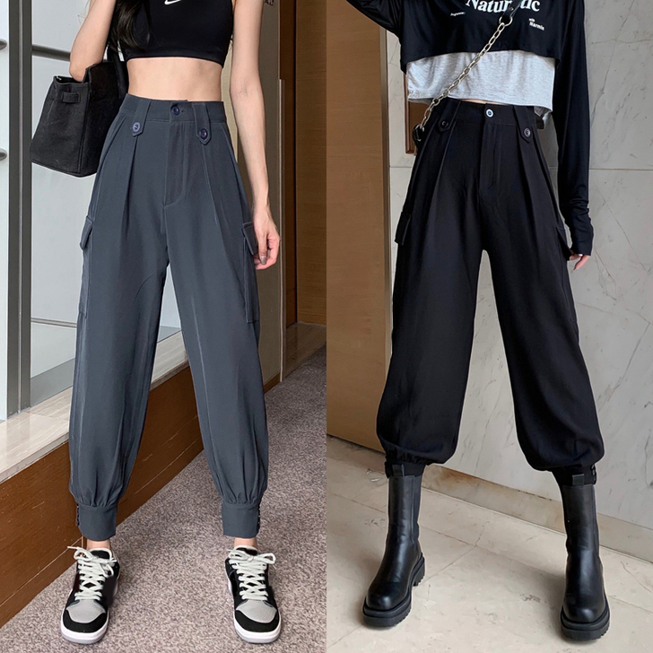工装裤女秋季高腰束脚裤显瘦阔腿裤黑色休闲哈...