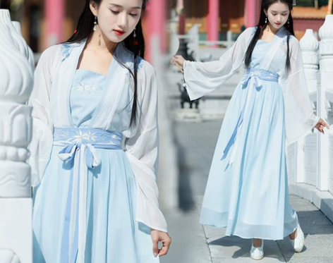 春夏新品改良魏晋中国风汉服荧粉青花刺绣吊带...