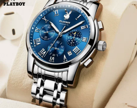 日月星辰手表男土钢带花花公子石英表三眼六针...