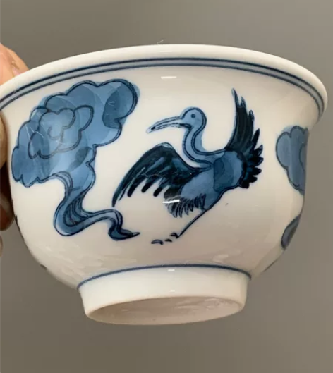 釉下彩纯手工彩绘青花祥鹤茶杯主人杯，八九十...