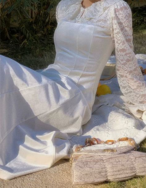 法式复古娃娃领蕾丝拼接丝绒连衣裙新款礼服