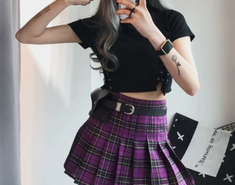 复古少女苏格兰魔幻紫色格子半身裙格纹百褶裙...