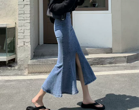 2021春款牛仔鱼尾裙半身裙女夏开叉高腰百...