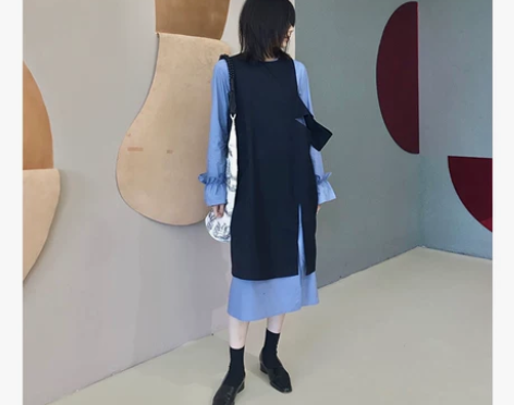 KOKIA 时髦学院风蓝衬衫长裙+不规则设...