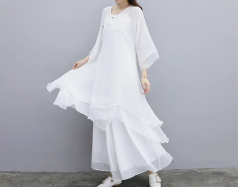 禅舞服装女套装中国风禅意仙女飘逸白色连衣裙...