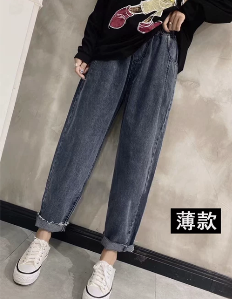 长裤裤子松紧腰宽松大码老爹牛仔裤女高腰20...