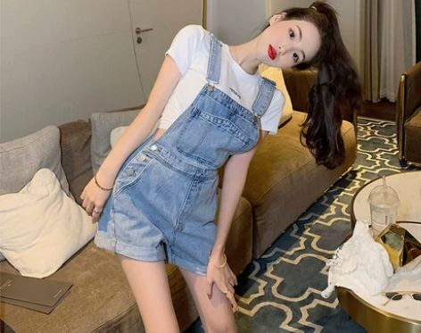 小个子150牛仔背带裤女夏韩版宽松2021...