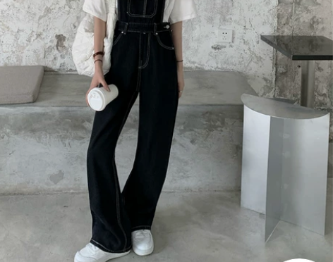 大码女装牛仔背带裤胖mm直筒牛仔裤高腰阔腿...